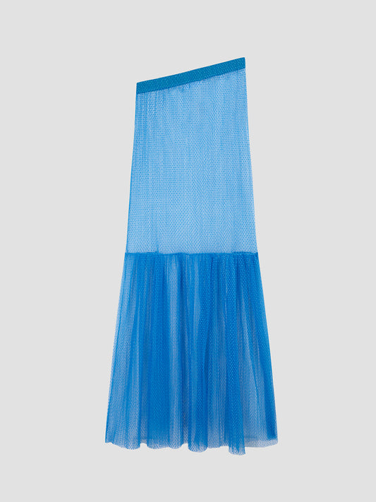 Esmeralda Dress is a long transparent dress made with blue plumeti.