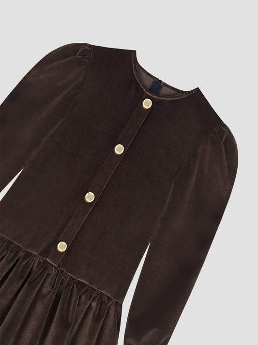 Colour: Chocolate Brown. Mini dress made of chocolate brown velvet with golden buttons. Regular fit. Mini length. Box collar. Flared skirt. Long sleeves. Gold-colored front buttons.