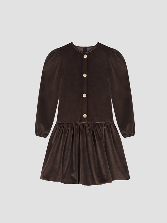 Colour: Chocolate Brown. Mini dress made of chocolate brown velvet with golden buttons. Regular fit. Mini length. Box collar. Flared skirt. Long sleeves. Gold-colored front buttons.