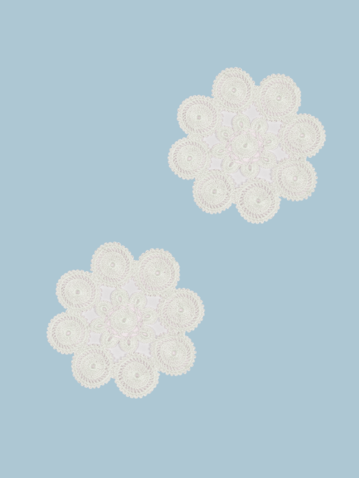 Two white handmade crochet coasters.  Measurements: 13cm. Set of six units