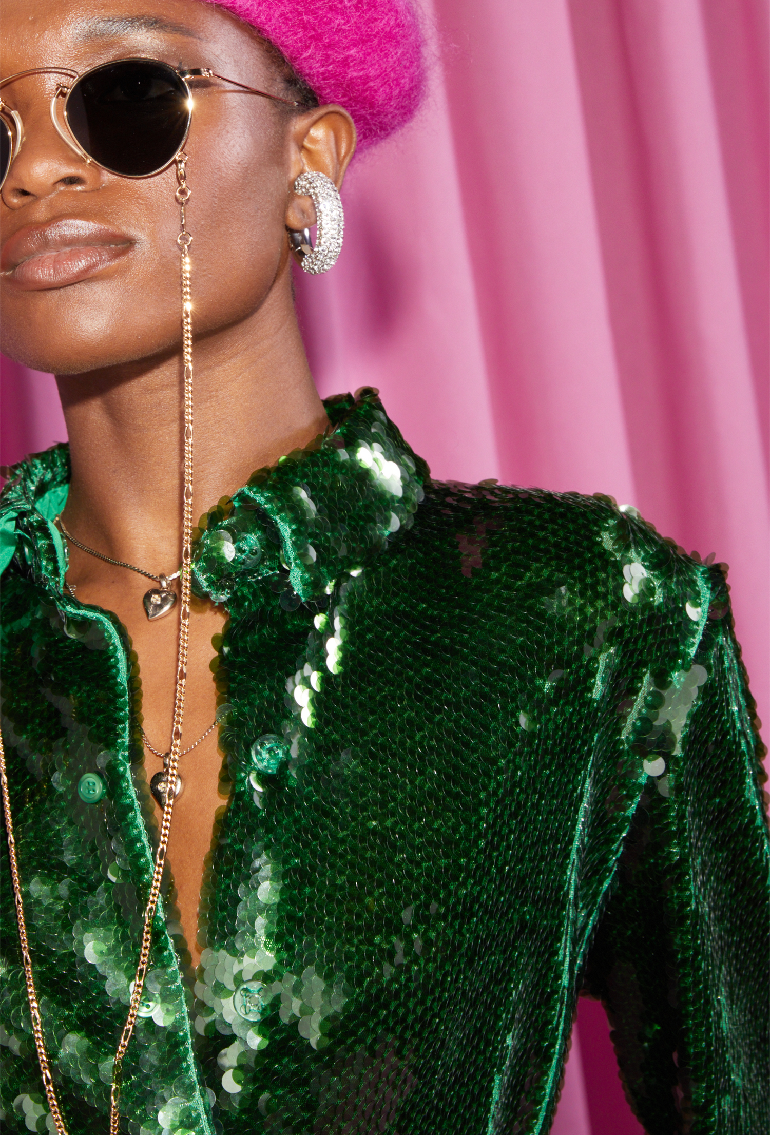 Close view of our emerald green sequin jacket