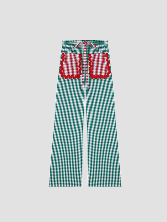 Green vichy adjustable trousers with two front pockets and trim details.