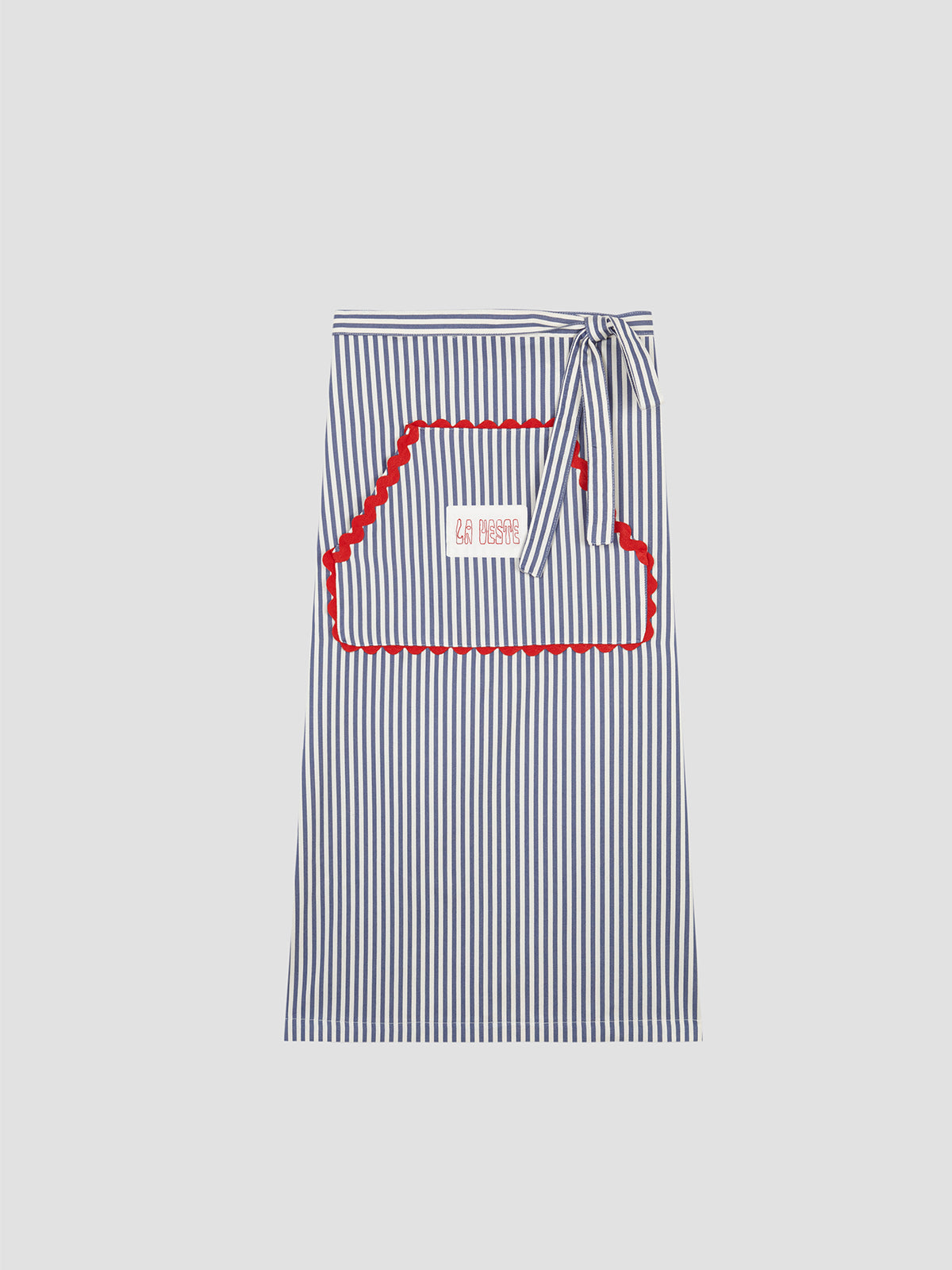 Apron Striped Blue is a blue and white striped apron with matching red piping detail. 