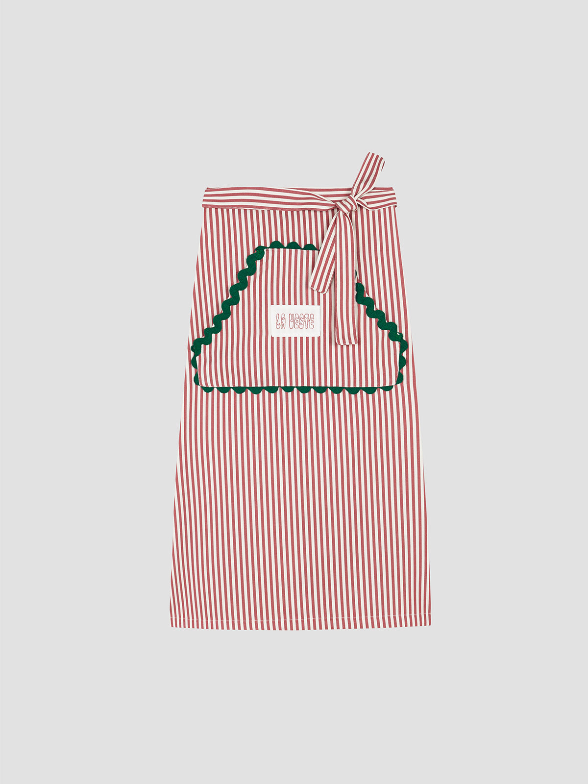 Apron Striped Red is a red and white striped apron with La Veste logo print and matching green rebete detailing