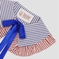 Blue and white striped printed cotton collar with ruffle details and blue satin ribbon bow