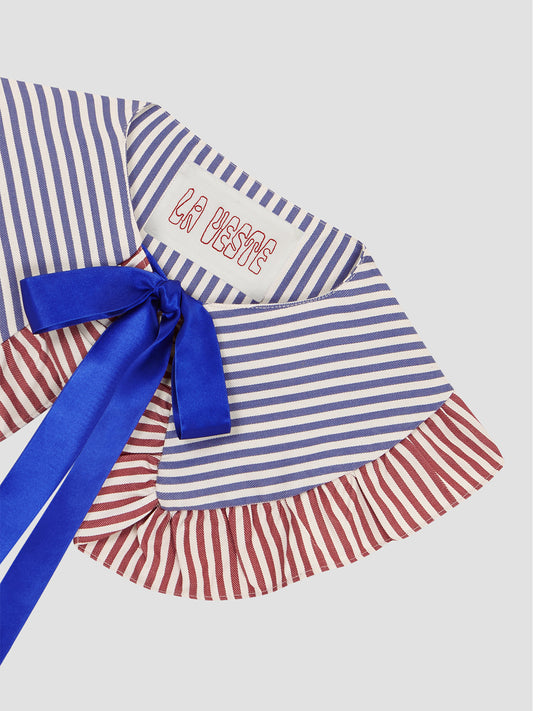 Blue and white striped printed cotton collar with ruffle details and blue satin ribbon bow
