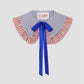 Baby Doll Collar Blue is a navy blue and white striped collar with blue satin bow and contrasting red striped ruffles.