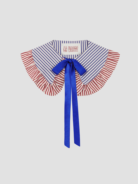 Baby Doll Collar Blue is a navy blue and white striped collar with blue satin bow and contrasting red striped ruffles.