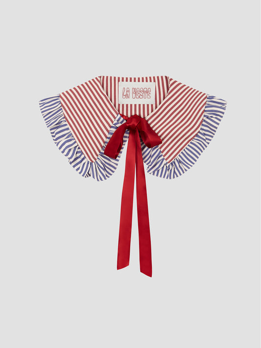 Baby Doll Collar Red is a red and white striped collar with red satin ribbon and blue and white striped ruffles.