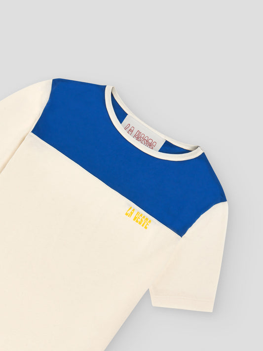 White cotton T-shirt with LA VESTE logo and blue top