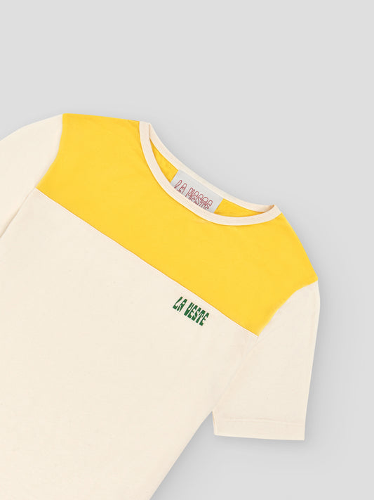 White cotton T-shirt with LA VESTE logo and yellow top