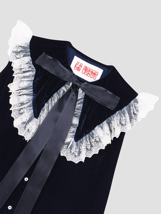 Navy blue velvet and lace shirt with black bow on the collar