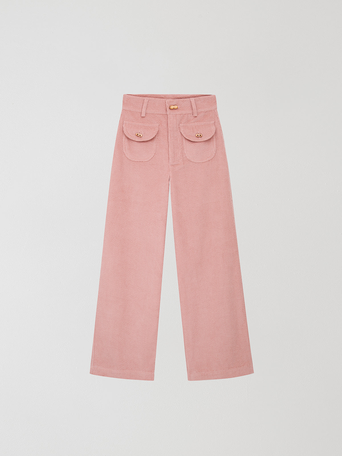 Baby pink high waisted corduroy trousers.