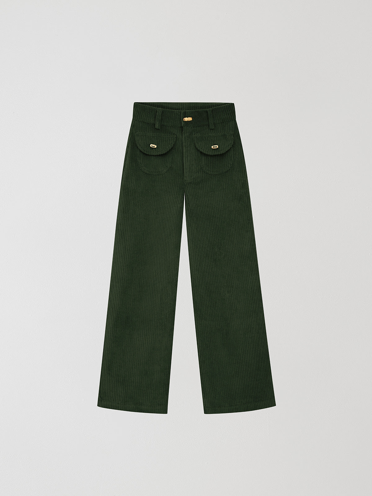 Dark green high waisted corduroy trousers.