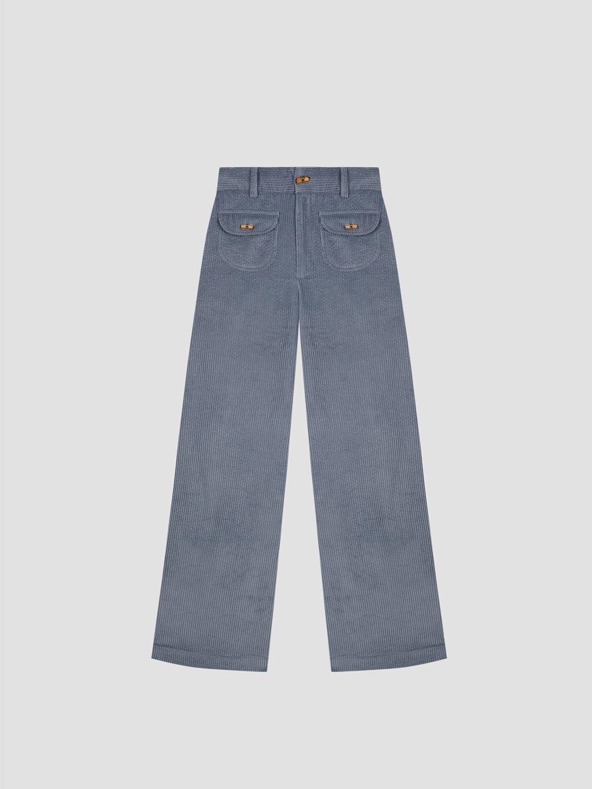 Clovis Pants Celeste is a high-waist corduroy pant with front pockets and wooden buttons.