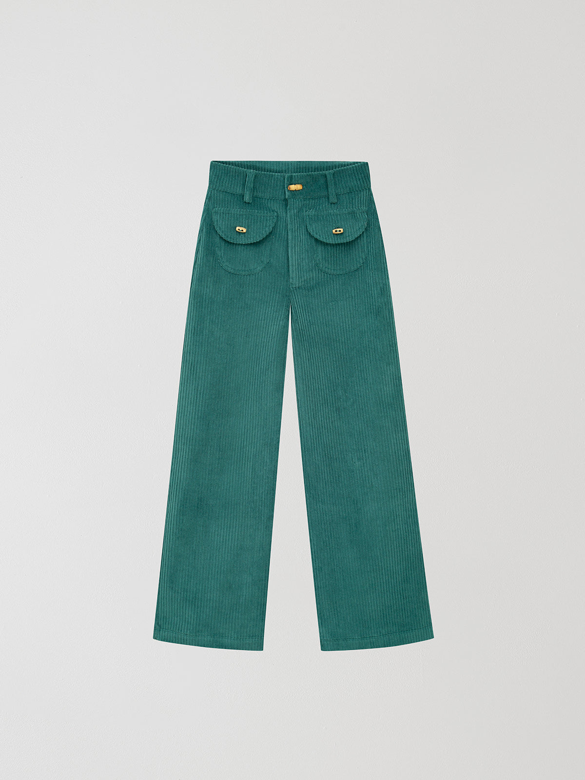 Turquoise high waisted corduroy trousers. 