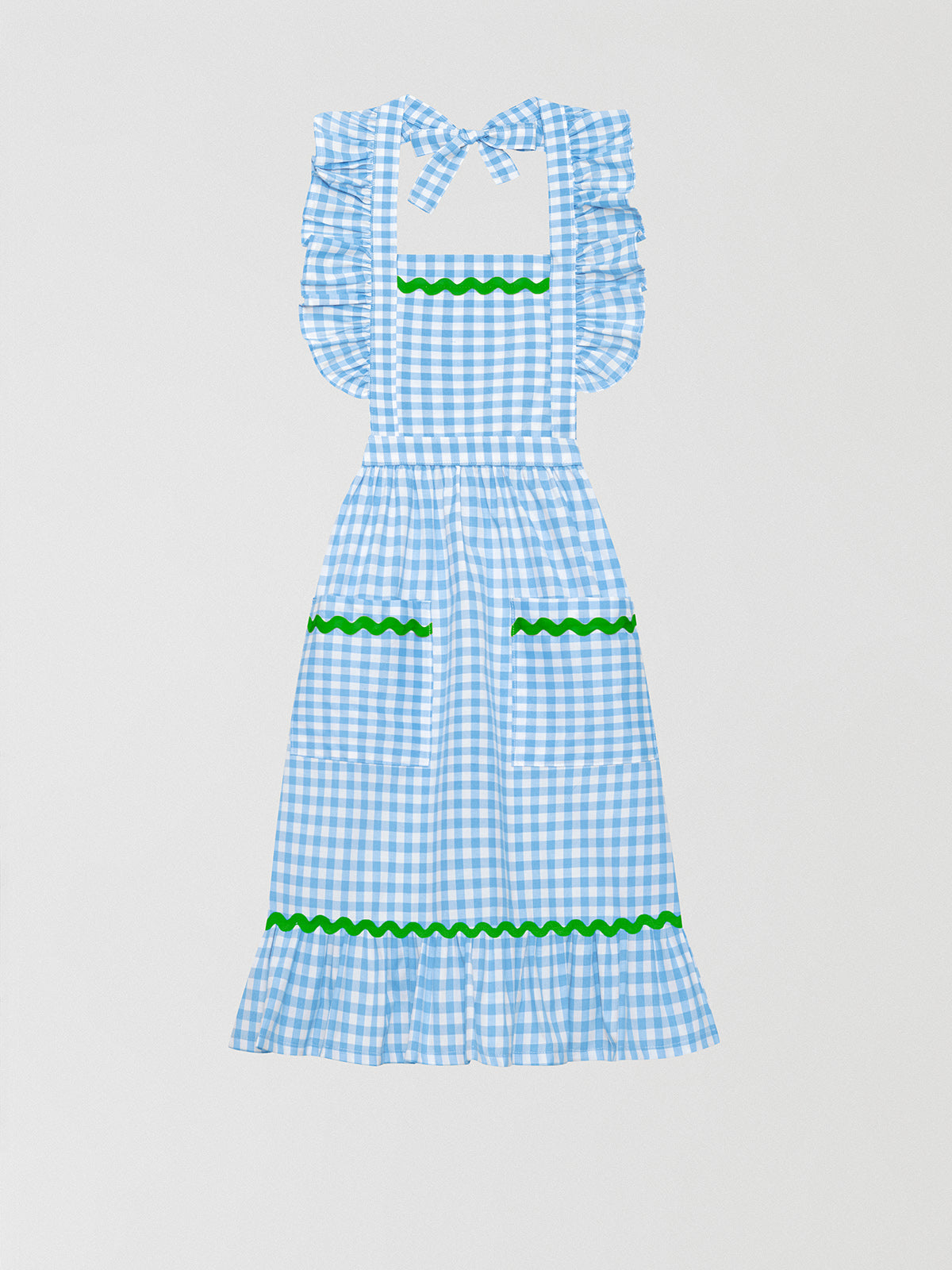 Cocinitas Apron Blue is a blue vichy blue apron with matching dark green trim.