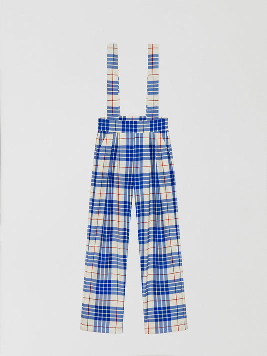 Wool trousers with blue, ecru and red check print. It has braces at the top. 