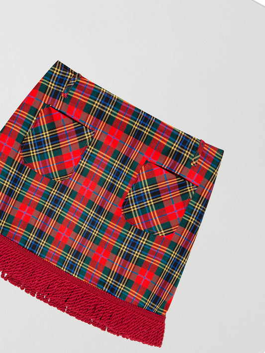Red plaid skirt with bangs and matching pockets