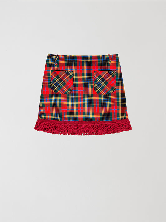 Highlands Skirt Check Red is a mini plaid skirt with red fringe at the hem. 
