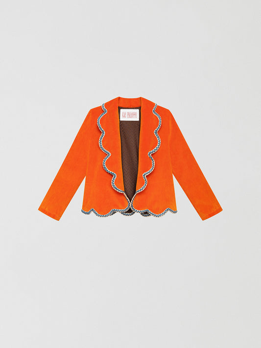 Orange blazer made in velvet with wave lapel