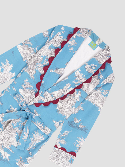 blue housecout with grey jouy and burgundy details