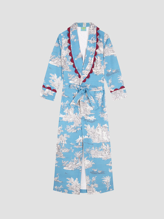 blue housecout with grey jouy and burgundy details