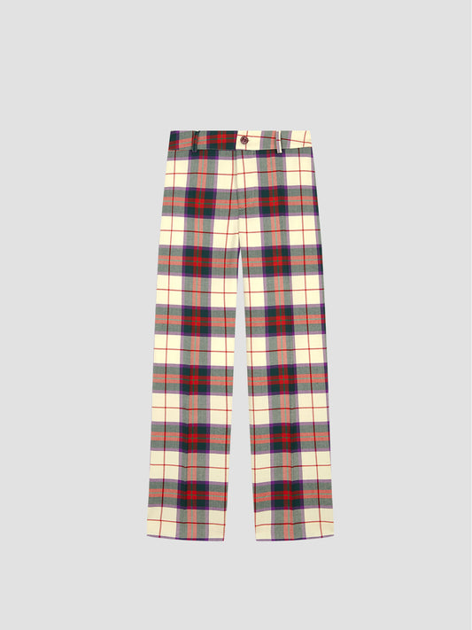Checked trousers in red, green, purple and ecru wool.