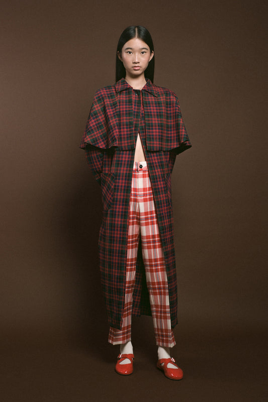 Checked trousers in red and ecru wool.