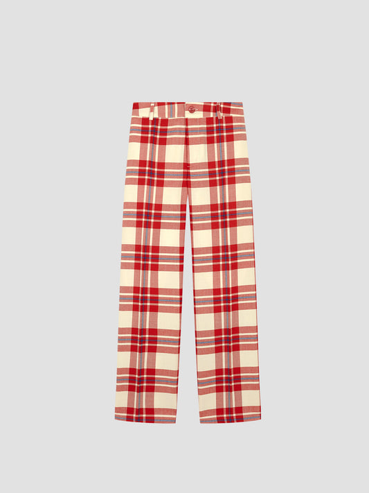 Checked trousers in red and ecru wool. 