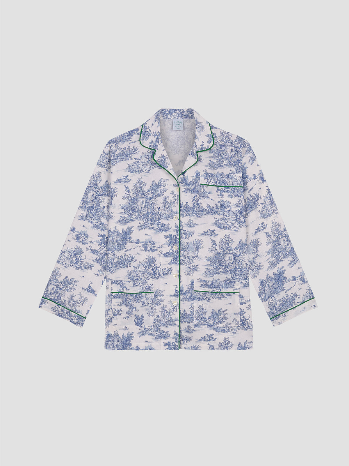 Jouy Pajama Shirt Blue 01 with green pockets and bias details
