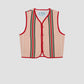 Baby Pink cotton waistcoat with red and green stripes and red bias binding