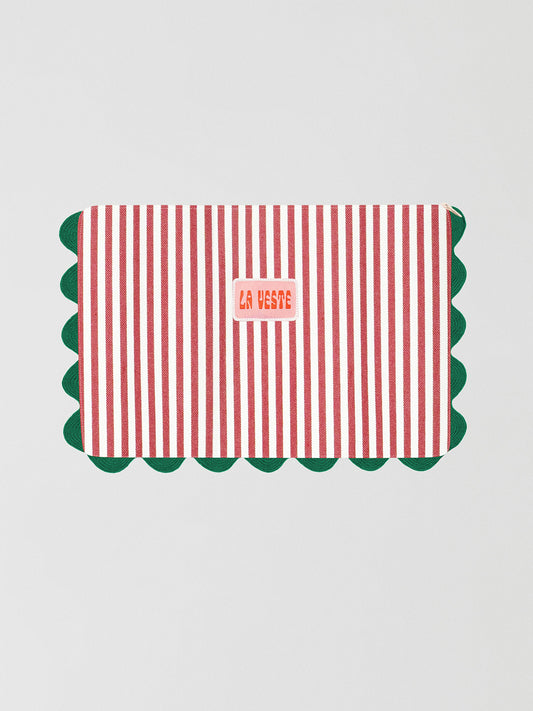 La Veste Striped Pouch 01 is a red and white striped toiletry bag with dark green piping details on the edge.