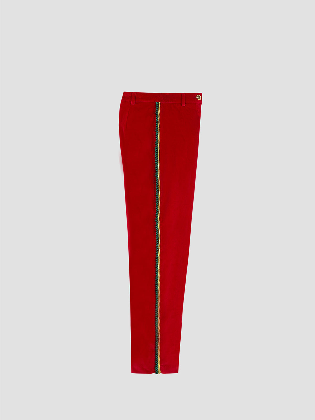 Red velvet pants with green and gold trimming