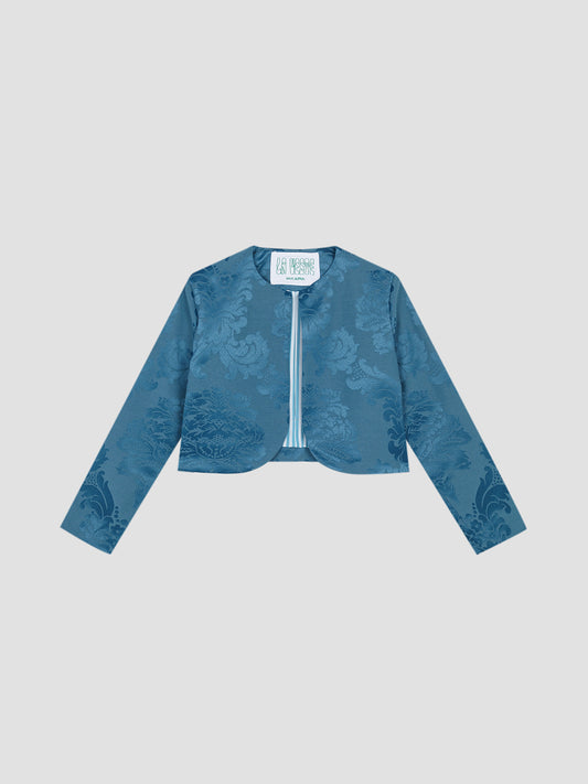 Mei Blazer Blue is a blue blazer with short zipper, floral print and light blue lining.