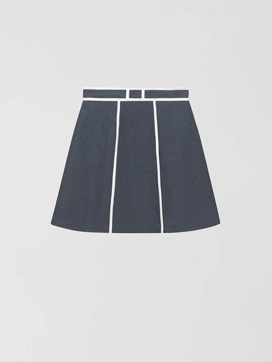 Flared linen grey mini skirt with white details.