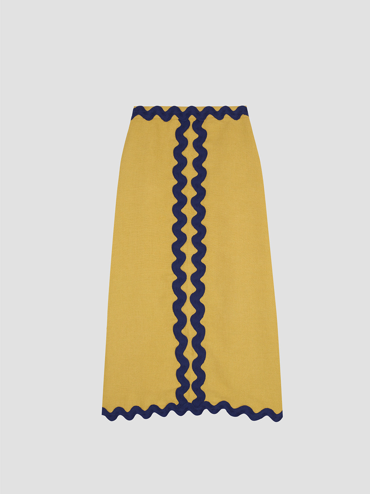 Midi skirt made in yellow linen with navy trim detail