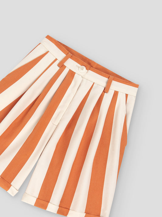 Cotton shorts with orange and ecru striped print.