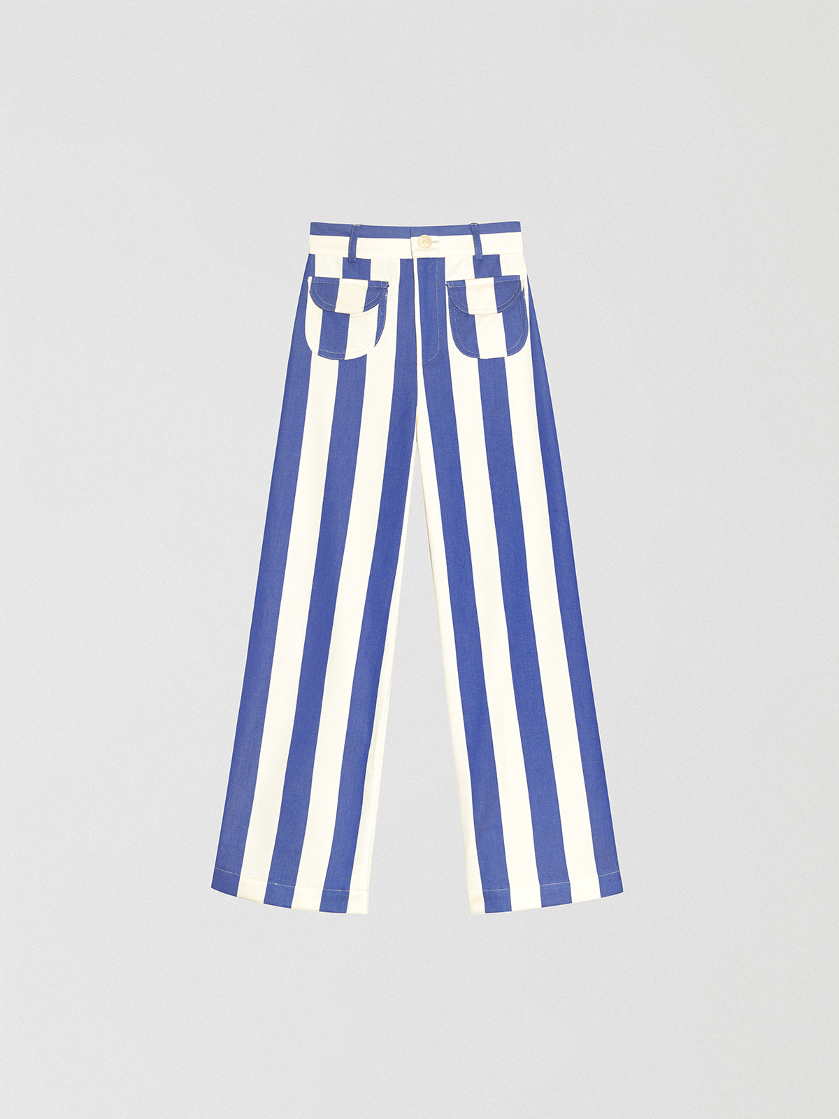Blue high-waisted trousers printed in cotton with blue and ecru stripes.