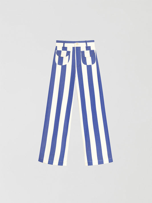 Blue high-waisted trousers printed in cotton with blue and ecru stripes.