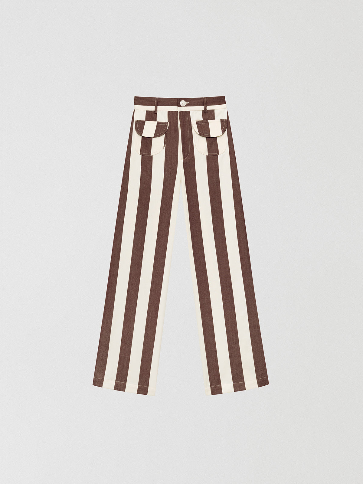Brown high-waisted trousers printed in cotton with brown and ecru stripes.