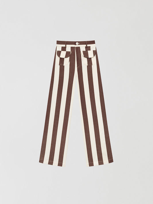 Brown high-waisted trousers printed in cotton with brown and ecru stripes.