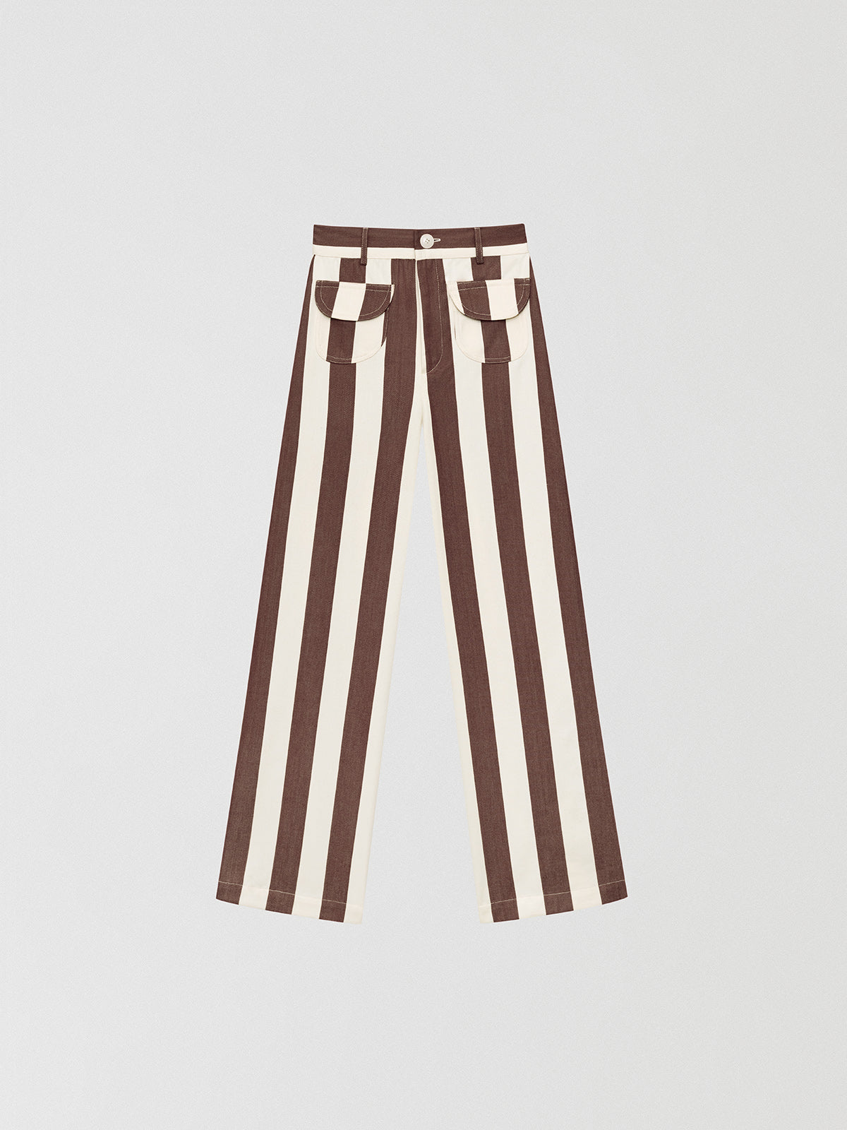 Brown high-waisted trousers printed in cotton with brown and ecru stripes.