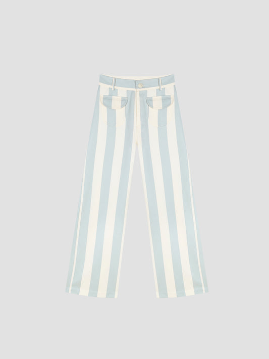 Parasol Pants Celeste is a high-waisted pant with front pockets and blue and white stripe print.