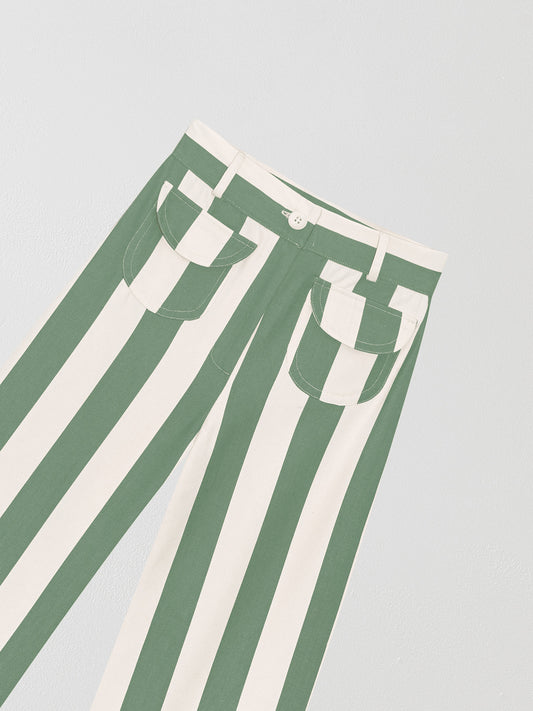Green high-waisted trousers printed in cotton with green and ecru stripes.
