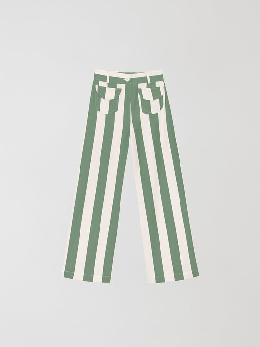 Green high-waisted trousers printed in cotton with green and ecru stripes.