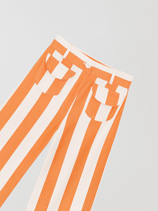 Orange high-waisted trousers printed in cotton with orange and ecru stripes