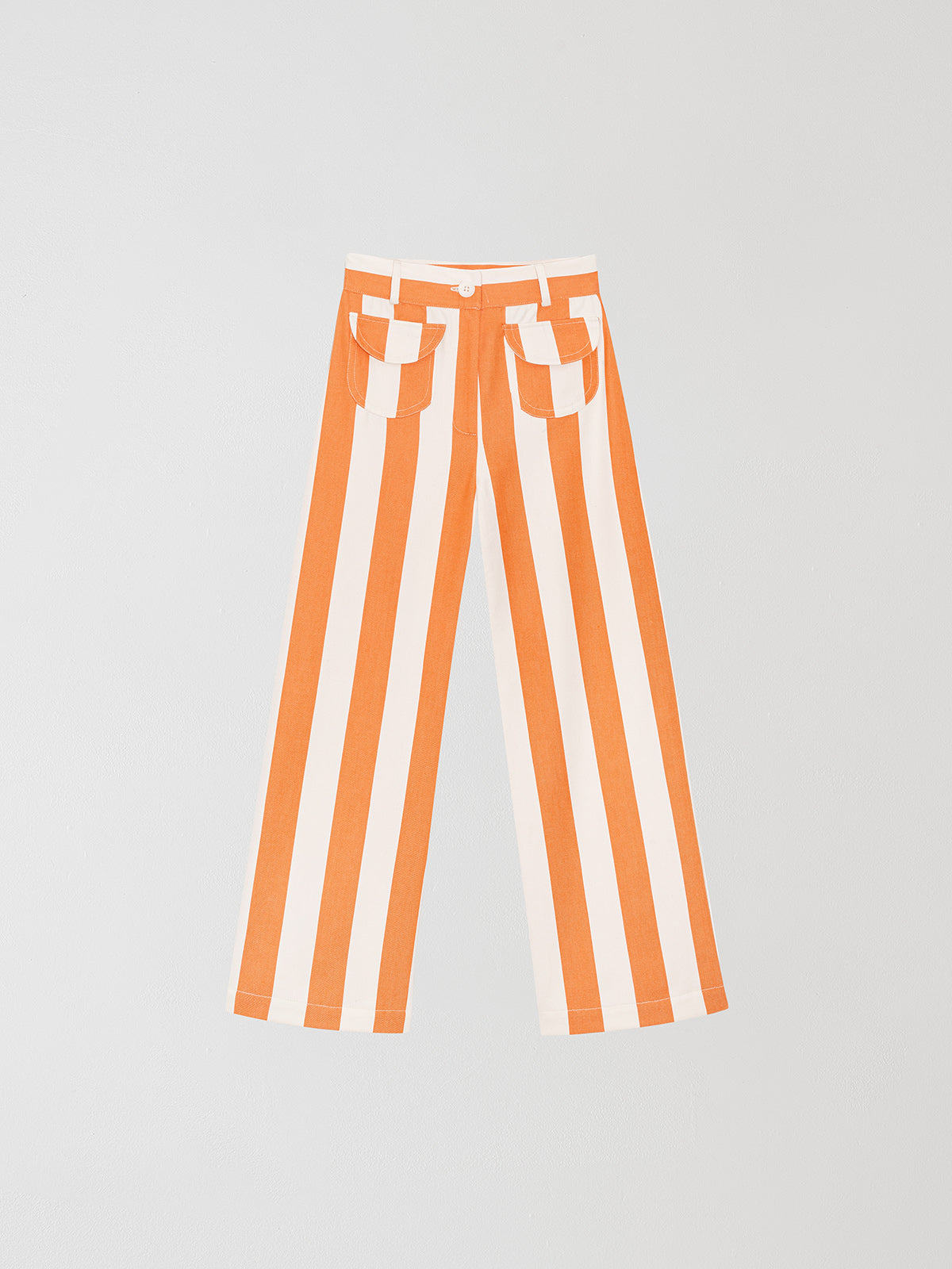 Orange high-waisted trousers printed in cotton with orange and ecru stripes