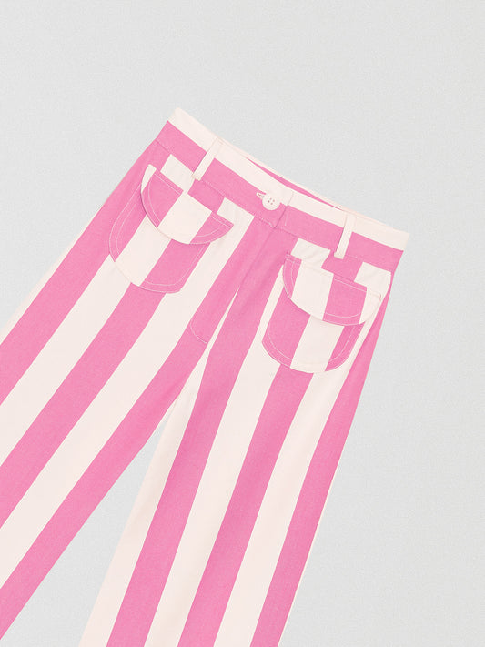 Pink high-waisted trousers printed in cotton with pink and ecru stripes.