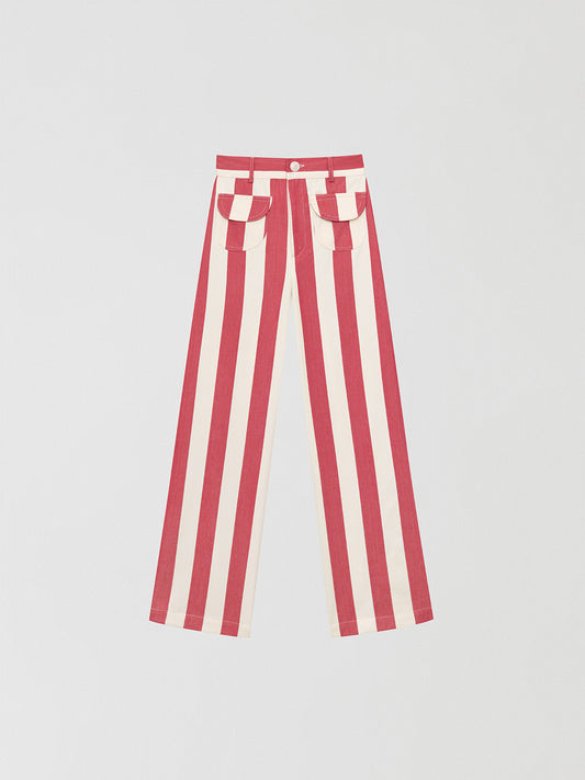 Red high-waisted trousers printed in cotton with red and ecru stripes.